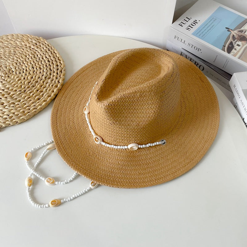 Beaded Seashell Straw Fedora – Bohemian Coastal Summer Hat