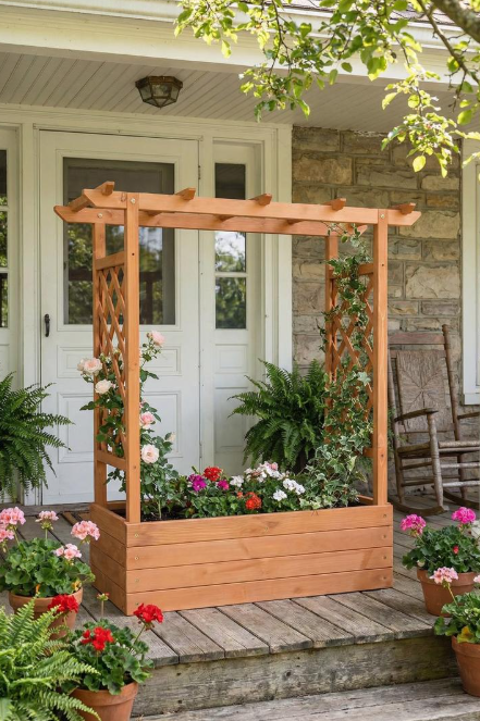 Farmhouse style raised brown wooden planter box with tall lattice trellis on a patio
