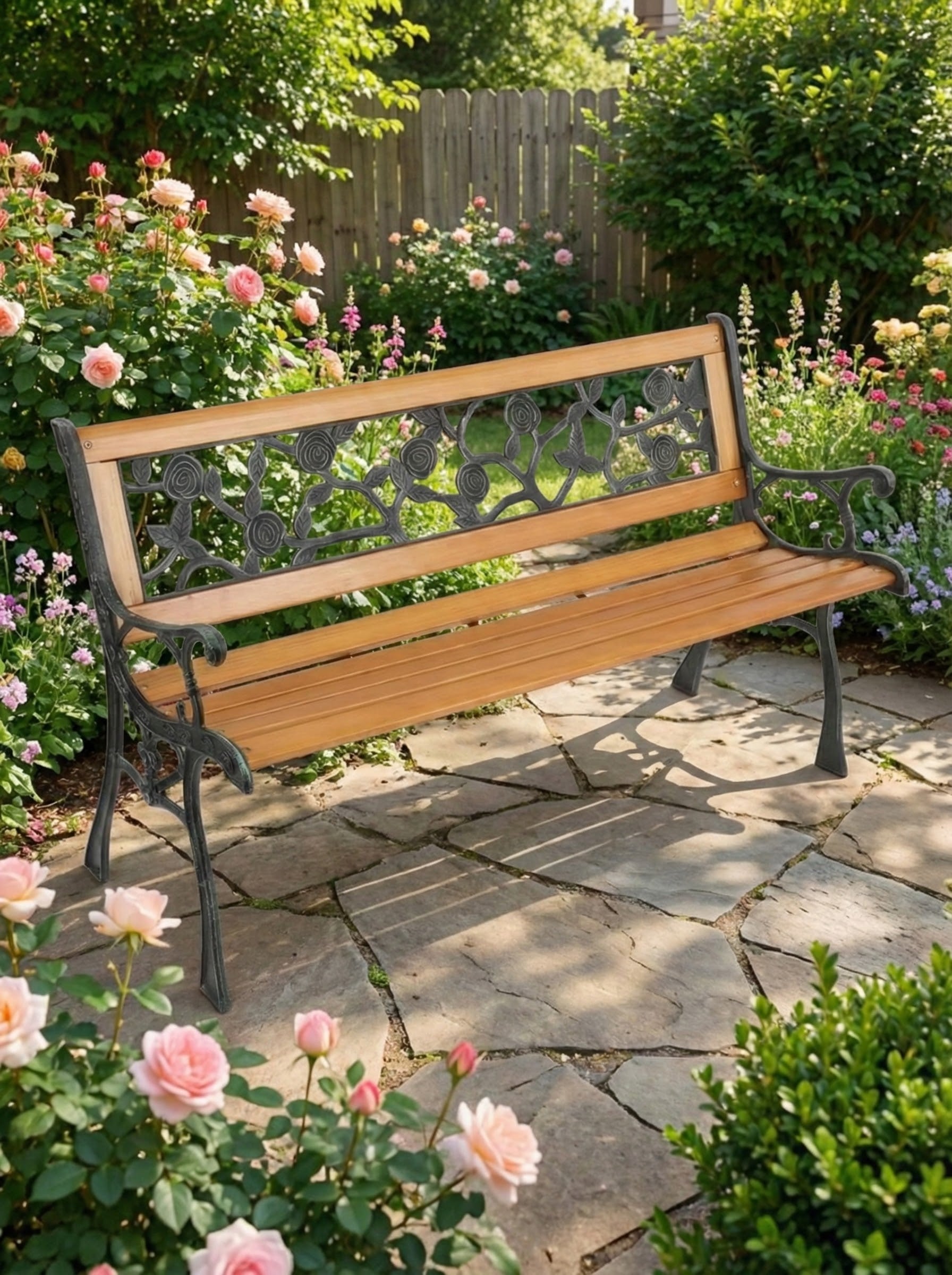 A traditional garden bench with a matte black metal frame and natural wood slats sitting on a garden patio.
