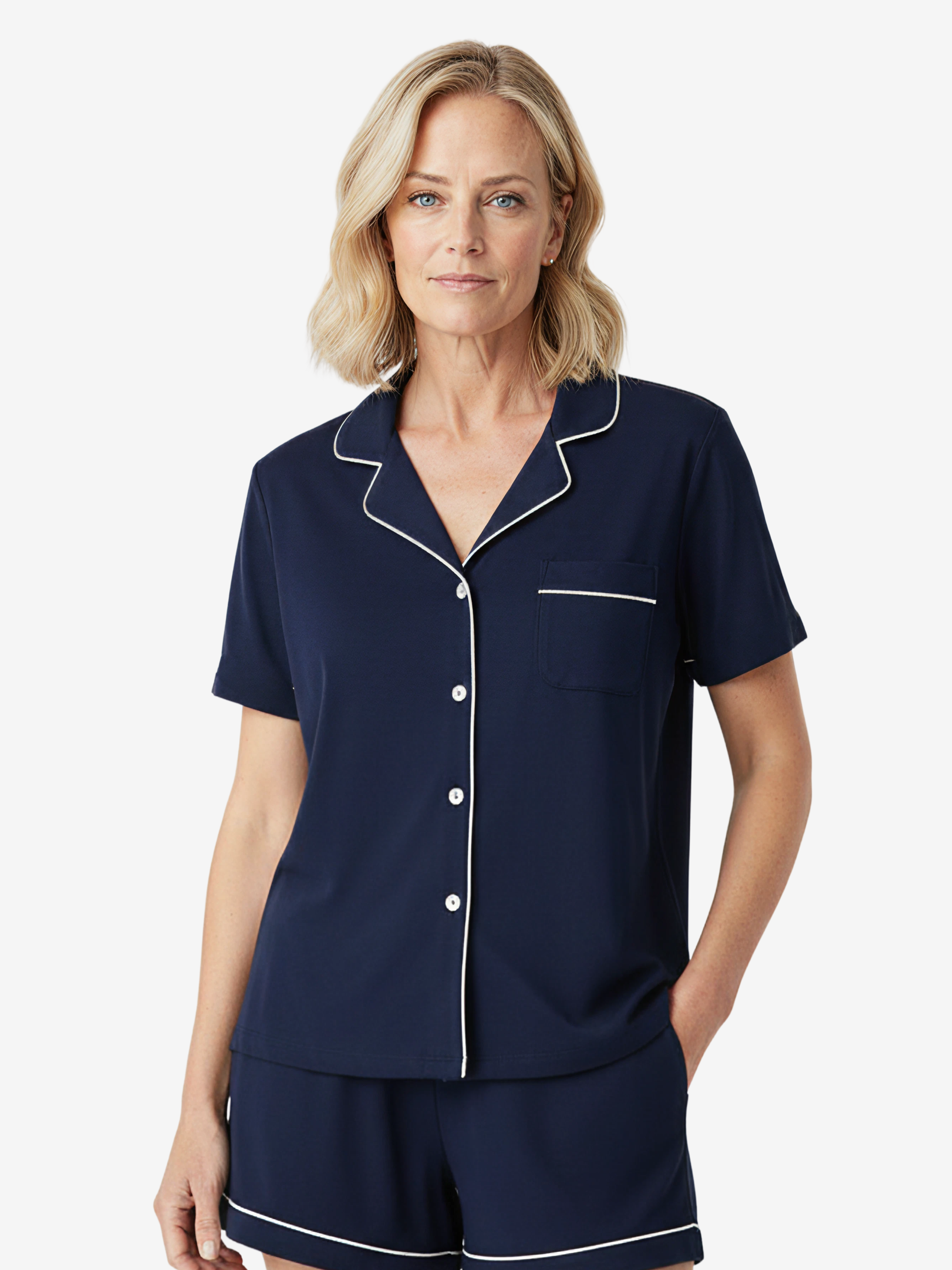 Navy blue short sleeve button-down pajama shirt with white piping detail