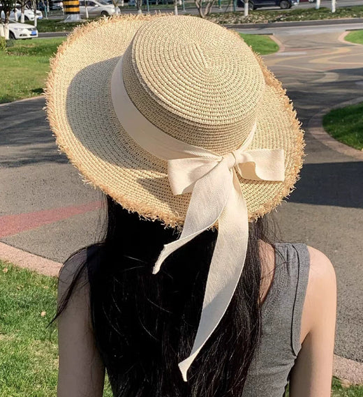 Women's Straw Sun Hat with White Bow - UV Protective Beach Visor