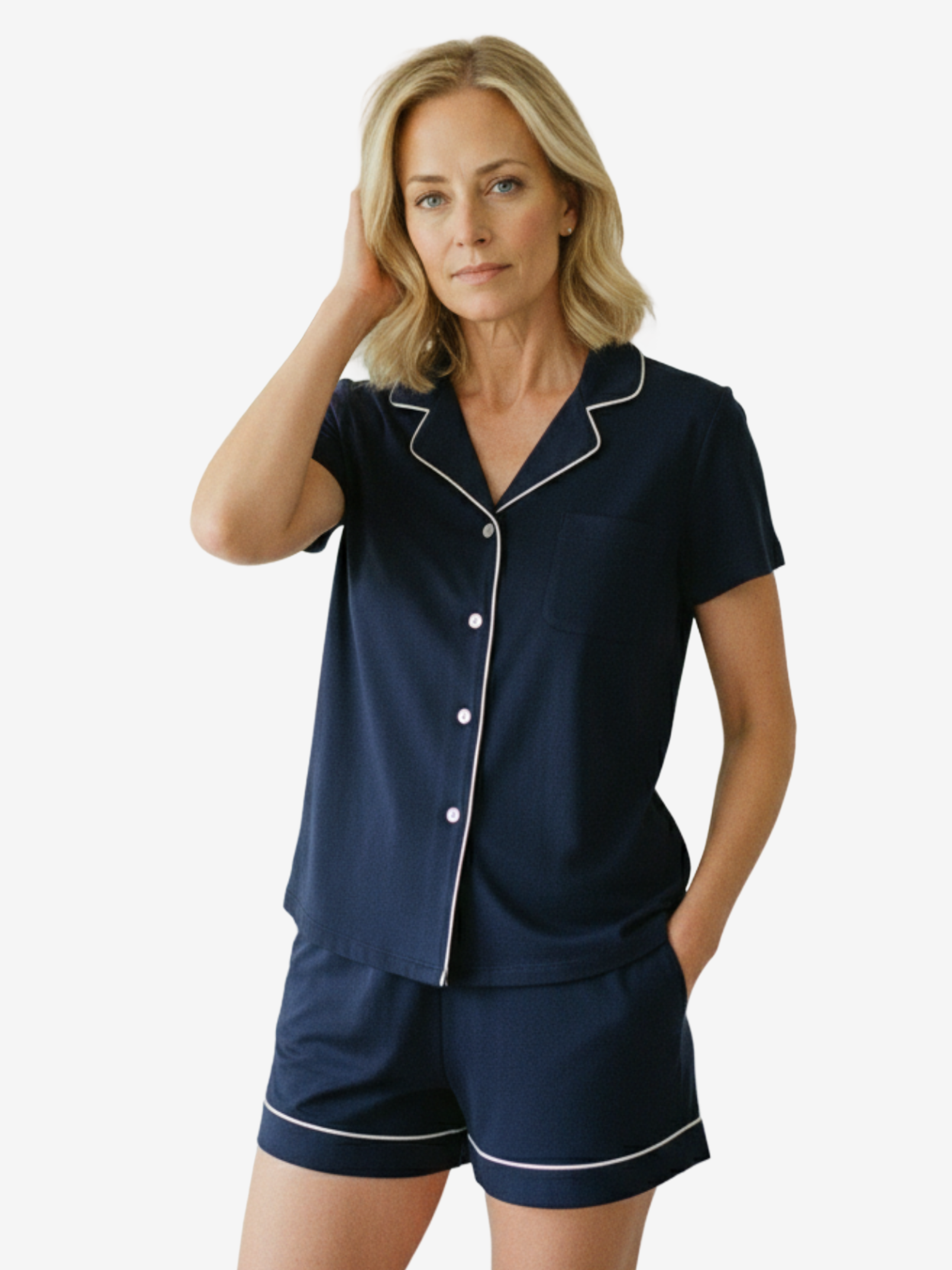 Navy blue women's pajama shorts featuring white piping at the hem and an adjustable tie waist.