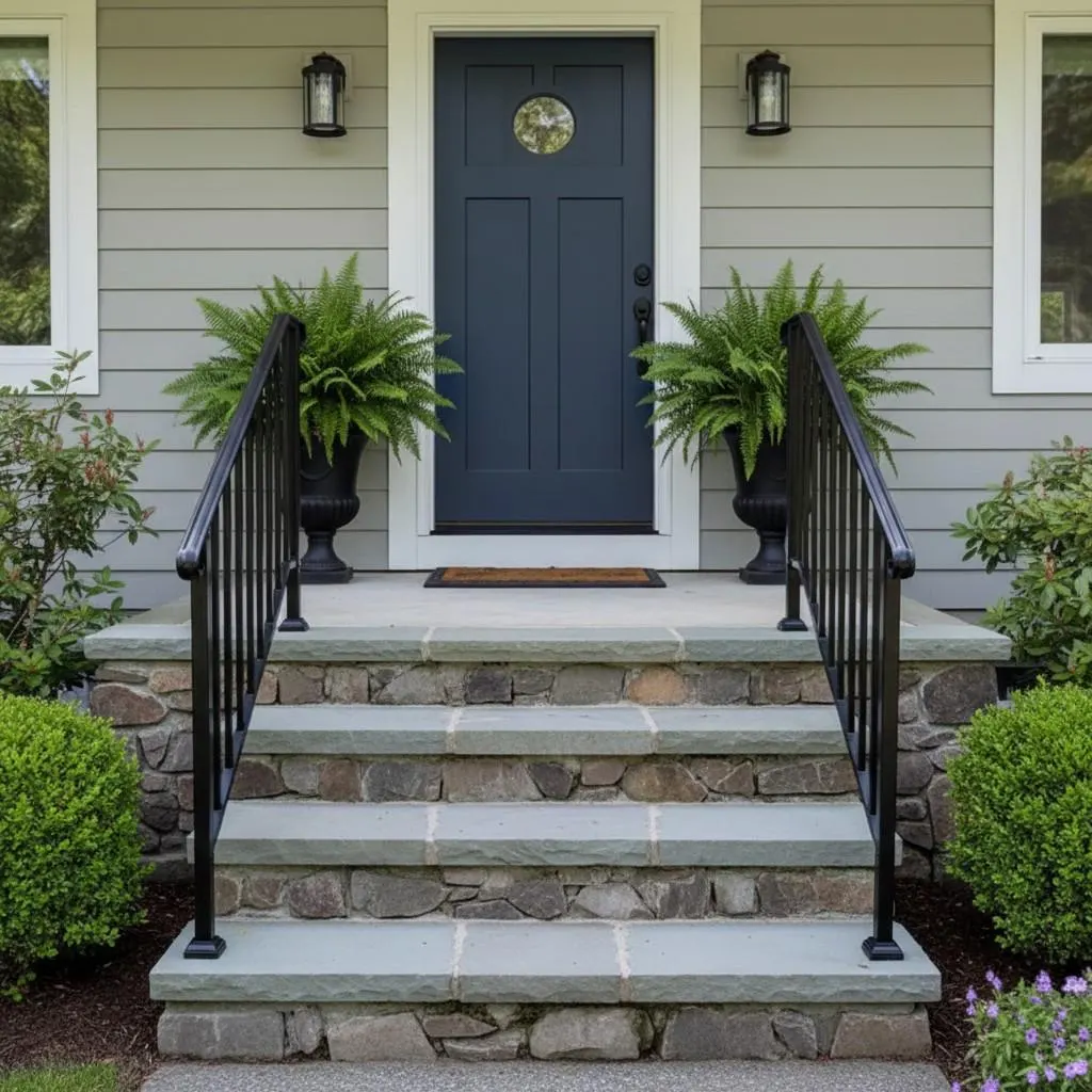 Adjustable Outdoor Stair Handrail for 1–4 Steps, Black Steel Railing