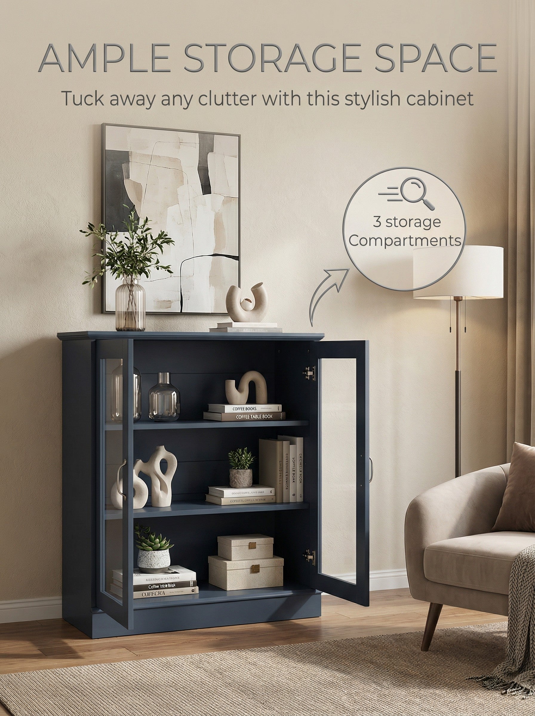 Modern Glass Door Cabinet with Adjustable Shelves, Compact Storage
