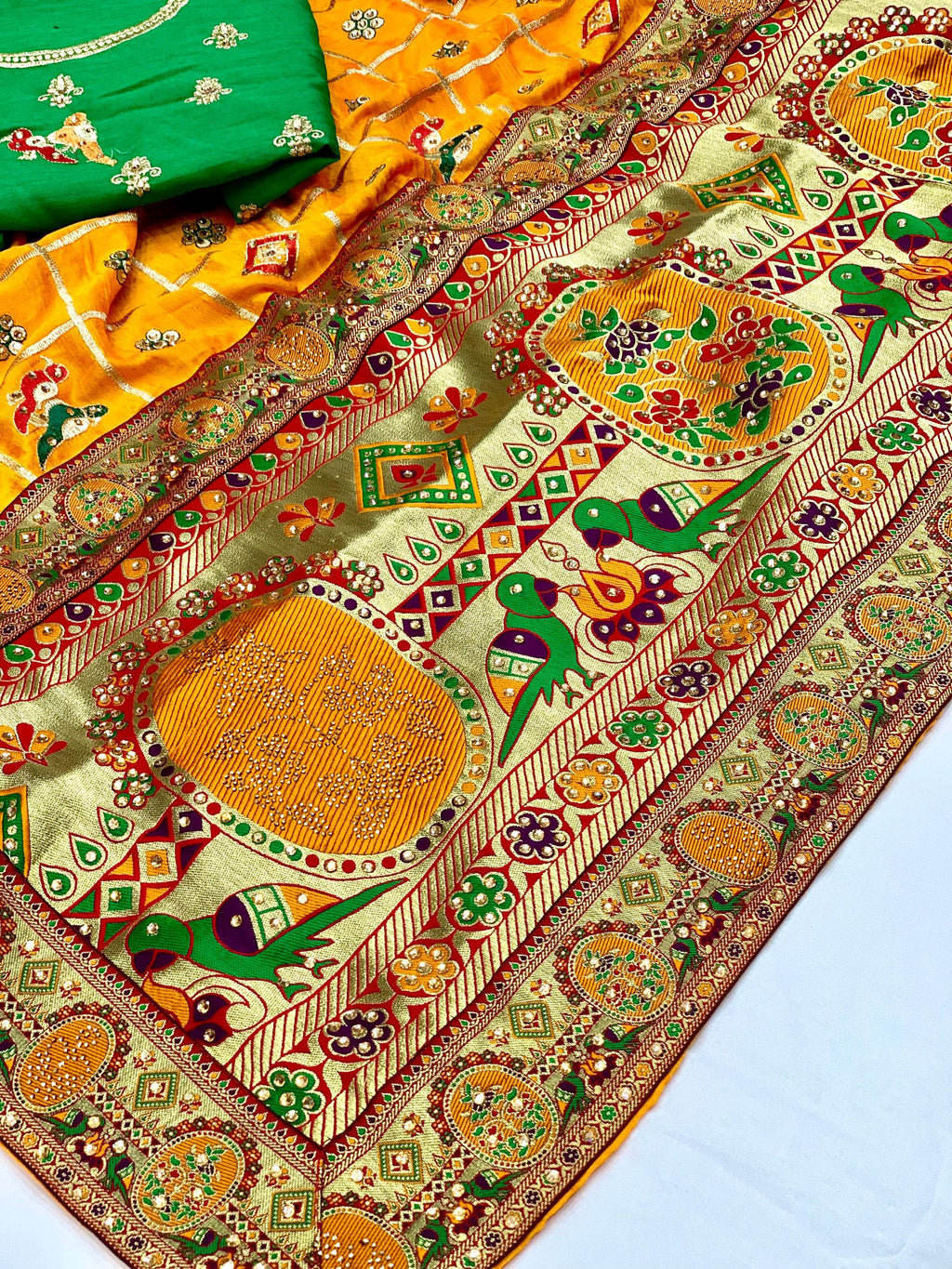 Yellow Vichitra Silk Saree with Embroidery and Diamond Work