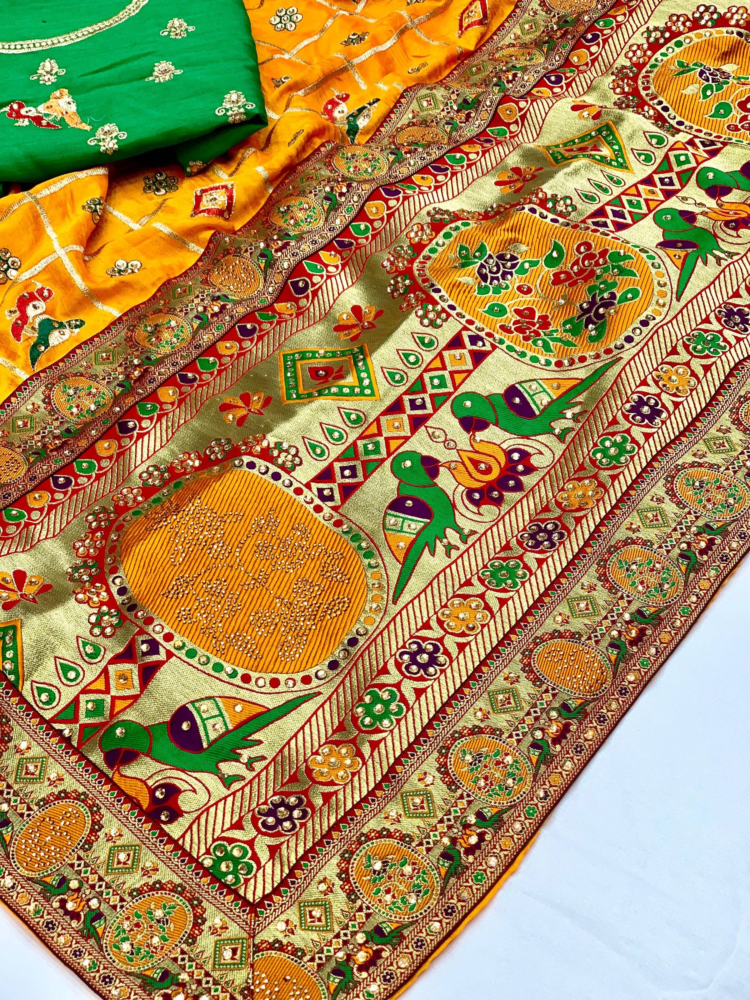Yellow Vichitra Silk Saree with Embroidery and Diamond Work
