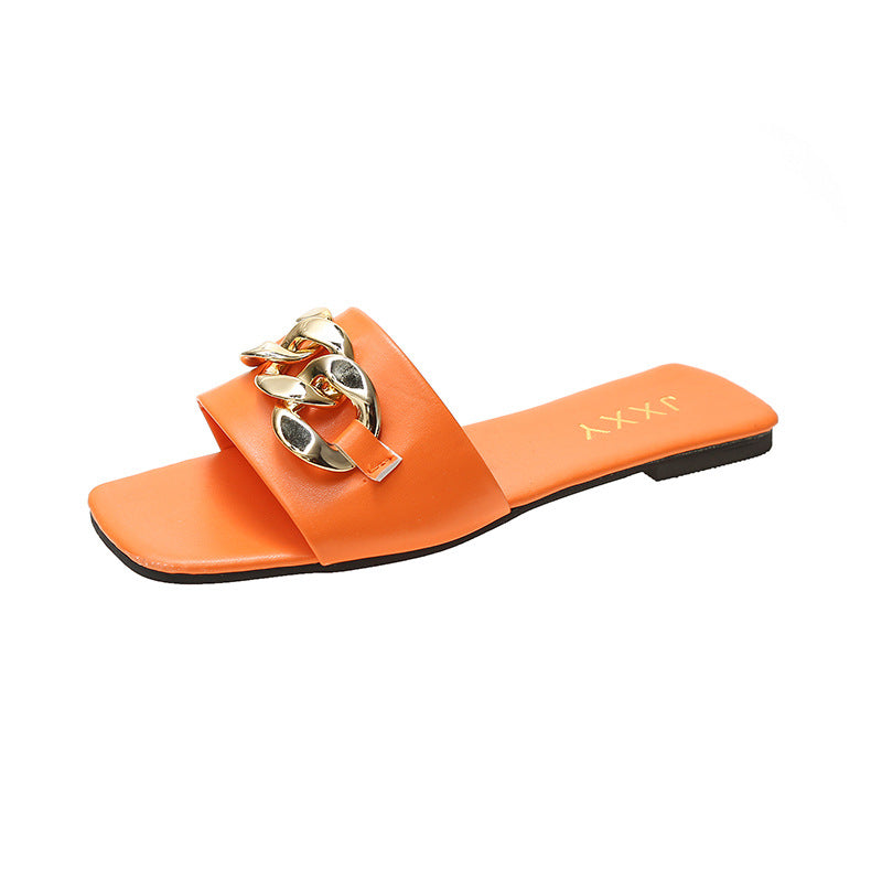 Gold Chain Detail Closed Toe Mules Flat Square Head Slip On Slides