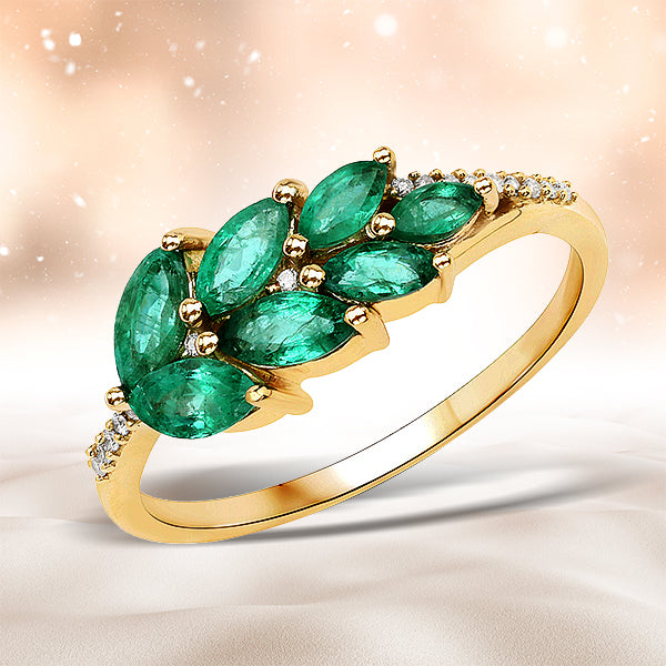0.68 Carat Genuine Zambian Emerald and White Diamond 14K Yellow Gold Ring
