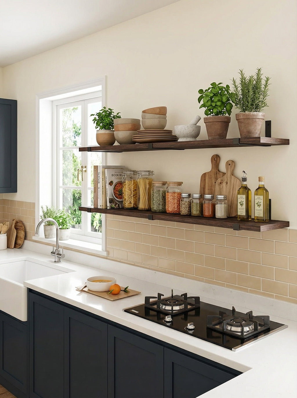 Rustic Wood Floating Shelves with Industrial Metal Brackets