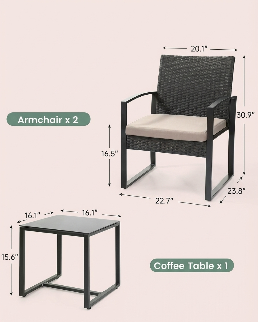 3-Piece Modern Wicker Patio Bistro Set with Beige Cushions