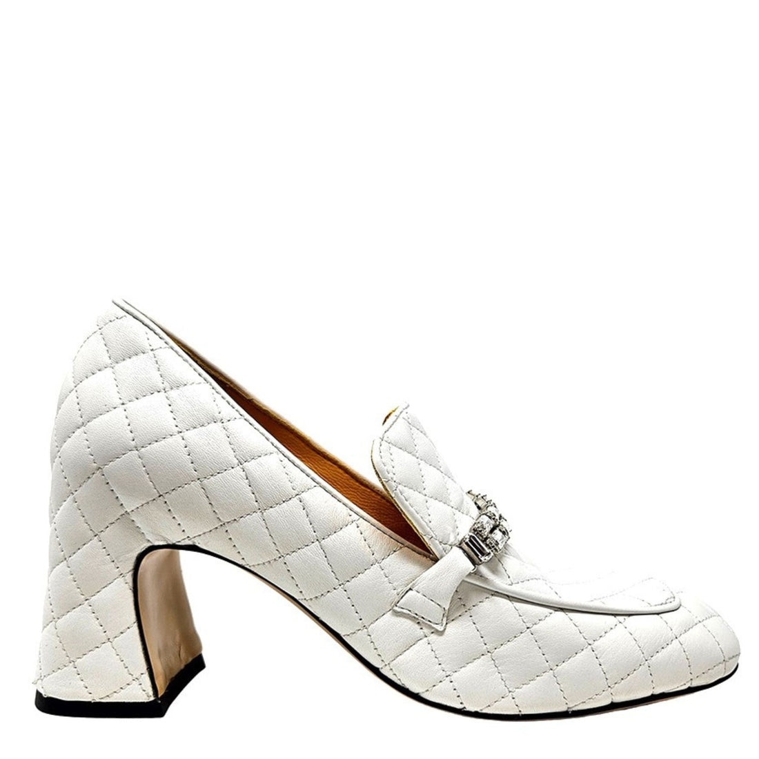 A pair of white quilted leather loafer heels featuring a crystal-embellished strap and a 75mm block heel.