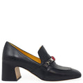 Black Leather Mid Heel Jeweled Loafer