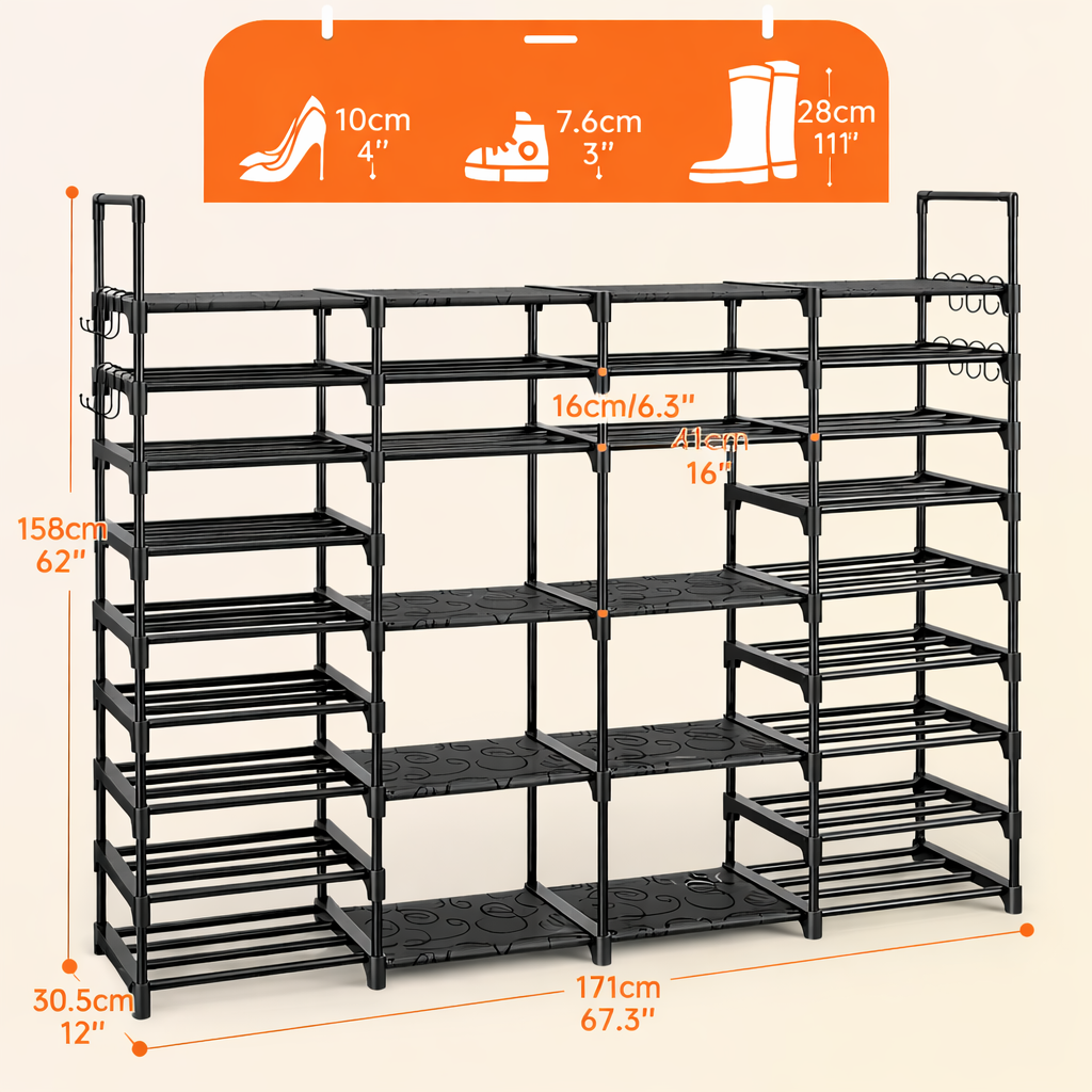 Multi-Layer Shoe Rack Organizer with Hooks - Large Capacity Shelf