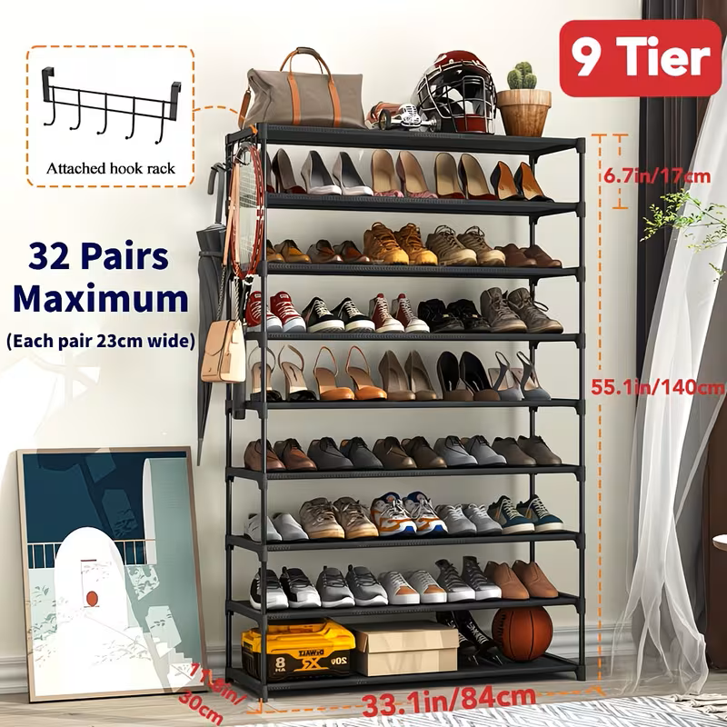 Multi-Layer Shoe Rack Organizer with Hooks - Large Capacity Shelf