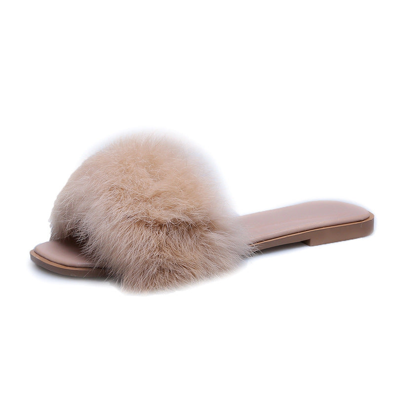 Women’s Faux Fur Slides – Open Toe Fluffy Flat Sandals