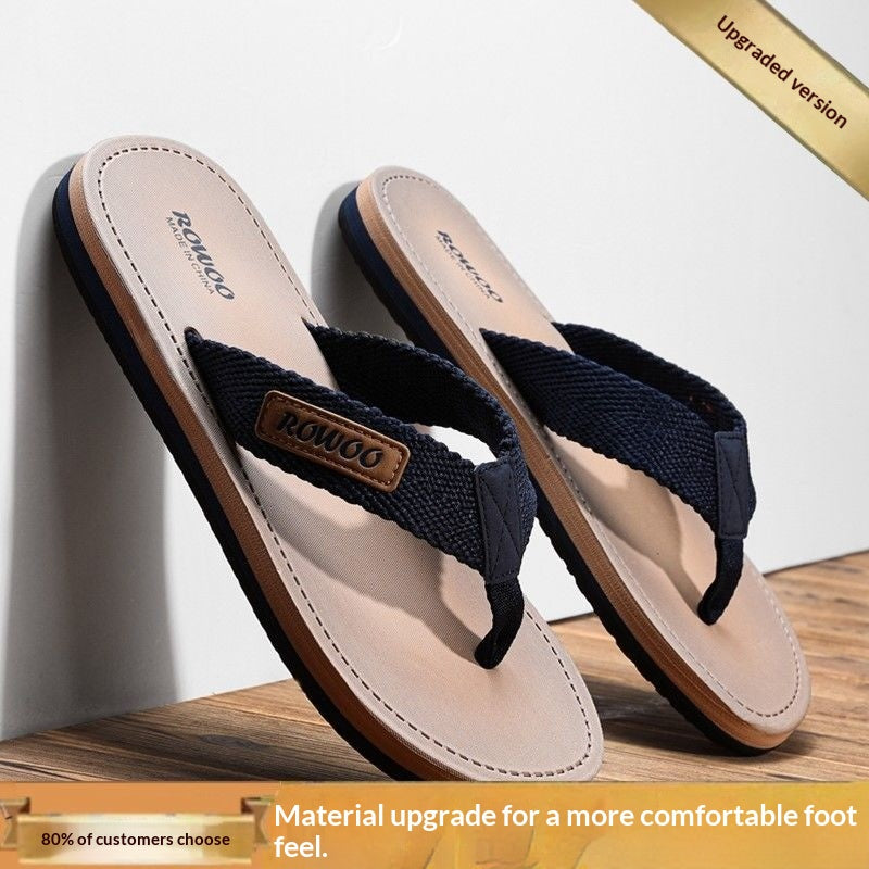 Comfortable black flip-flops for men with cotton straps and contrast stitching