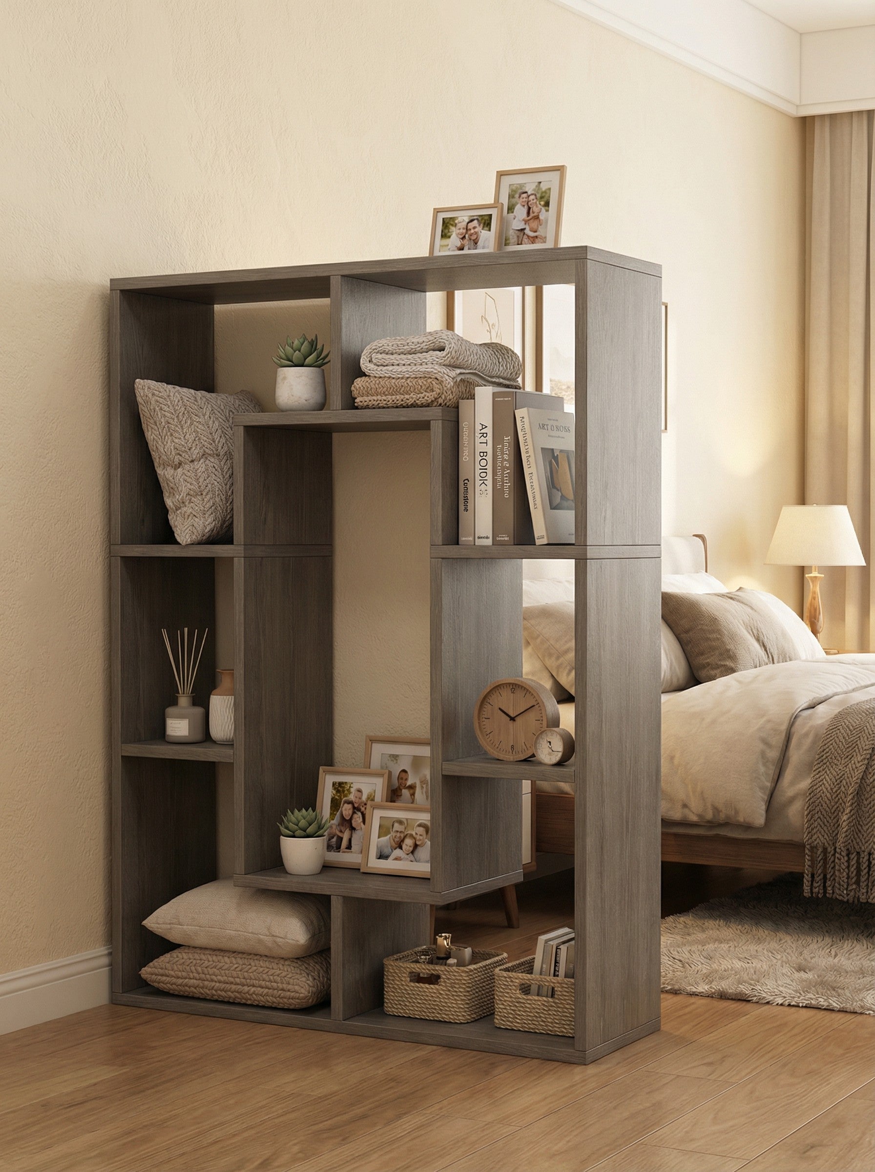 7-Tier Geometric Bookshelf, Narrow Bookcase for Small Spaces