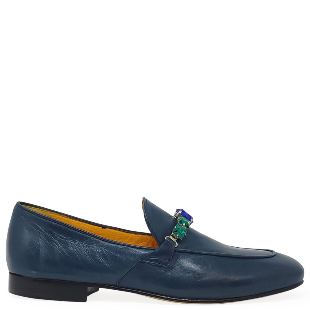 Blue Leather Flat Jeweled Loafer