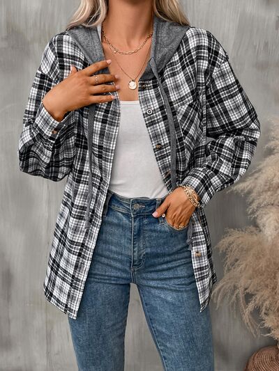 Women's Plaid Button-Down Hooded Jacket Cotton-Blend Shacket