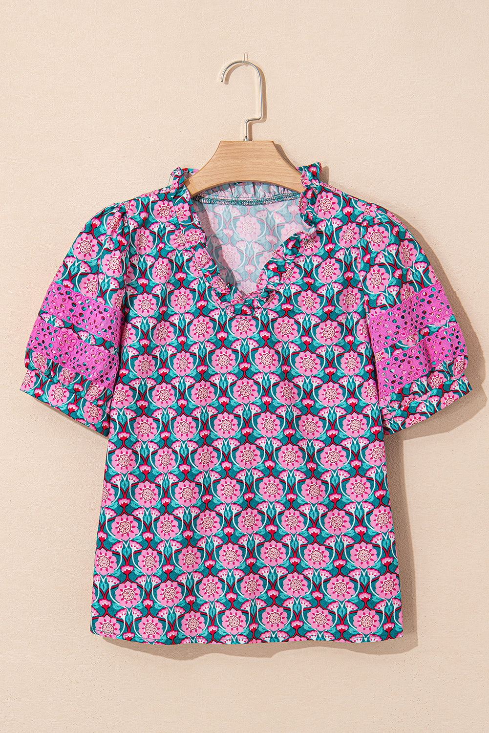 Floral Abstract V-Neck Puff Sleeve Top in Sachet Pink