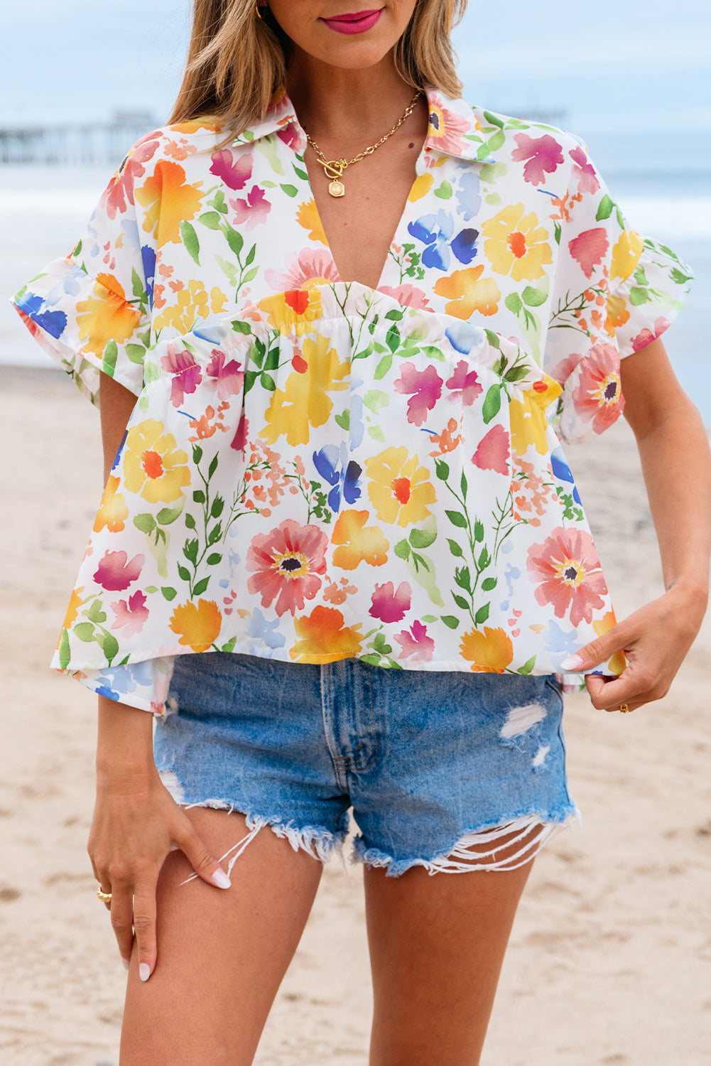 Yellow Floral Boxy V Neck Blouse with Ruffled Short Sleeves