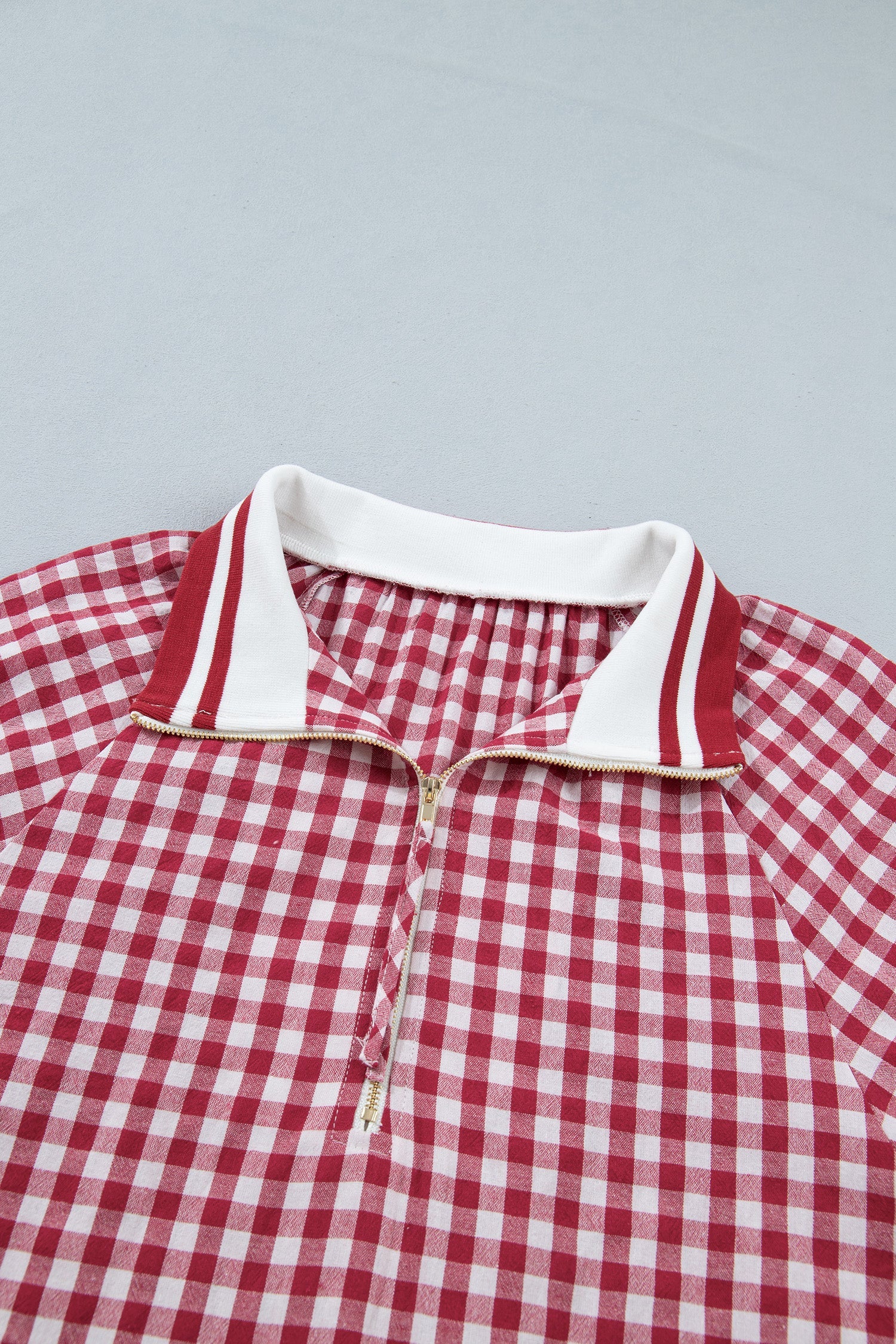 Red White Gingham Stripe Patchwork Half Zip Collared Blouse