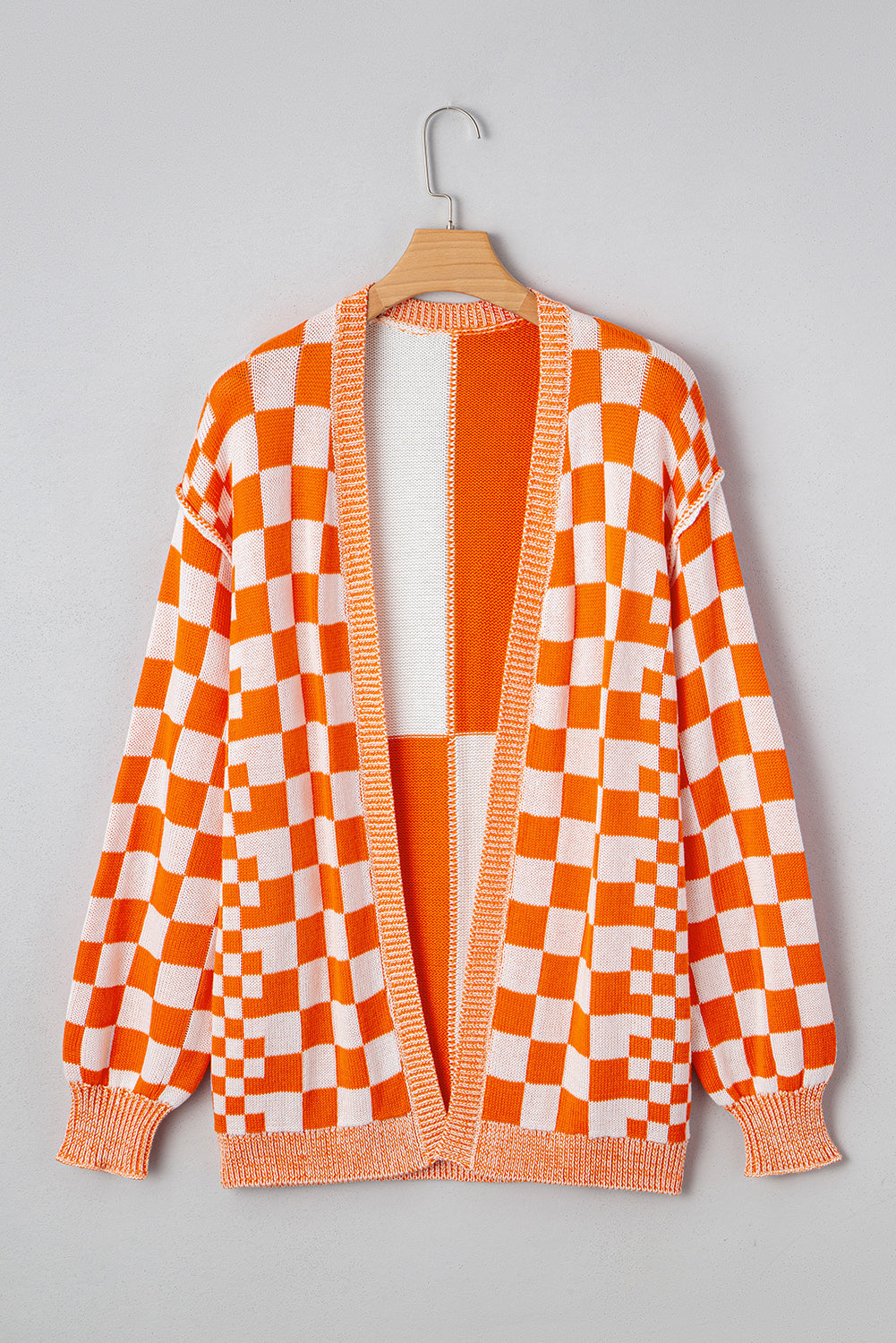 Wrenley Orange White Checkered Open Front Drop Shoulder Cardigan - Image 7