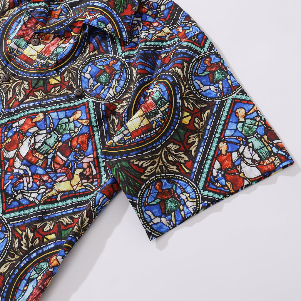 Stained Glass Window Print Short Sleeve 100% Cotton Camp Collar