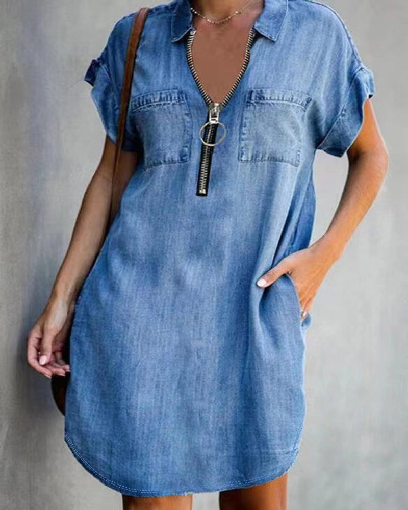 Lapel Short Sleeve Loose Denim Shirt Dress - Casual Street Fashion