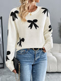 Women White Long Sleeve Sweater with Black Bow Graphic Print