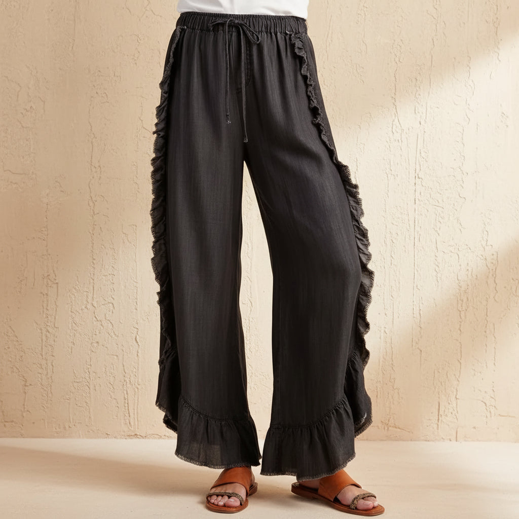 Women's Washed Denim Wide-Leg Flared Pants with Ruffle Hem
