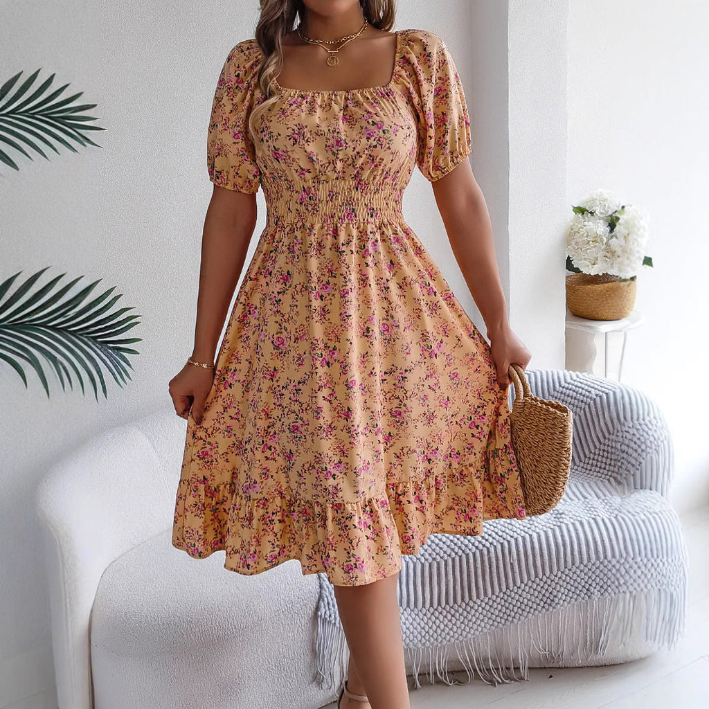 Floral Print Square Collar Ruffle Dress - Summer Fashion
