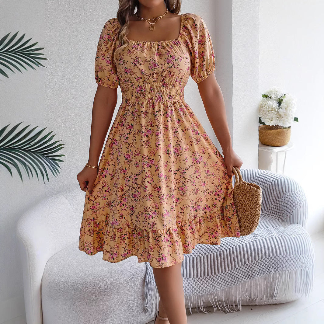 Floral Print Square Collar Ruffle Dress - Summer Fashion