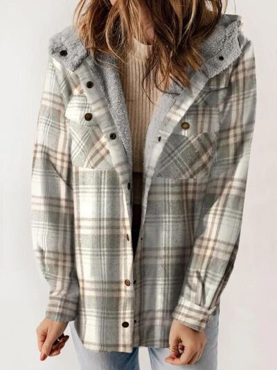 Plush Plaid Snap Down Hooded Jacket Cozy Warm Casual Outerwear