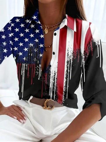Women’s Printed Long-Sleeve Button-Up Blouse with Lapel Collar
