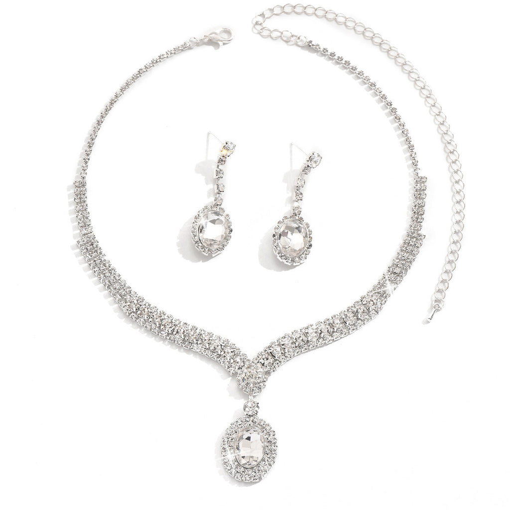 Cross-Border Dropshipping New Exquisite Claw Chain Rhinestone Earrings Necklace Set Elegant Round Water Drop Full Diamond Clavicle Jewelry
