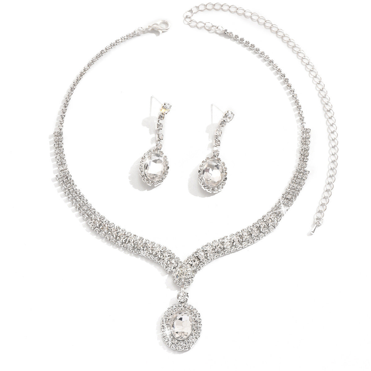 Cross-Border Dropshipping New Exquisite Claw Chain Rhinestone Earrings Necklace Set Elegant Round Water Drop Full Diamond Clavicle Jewelry
