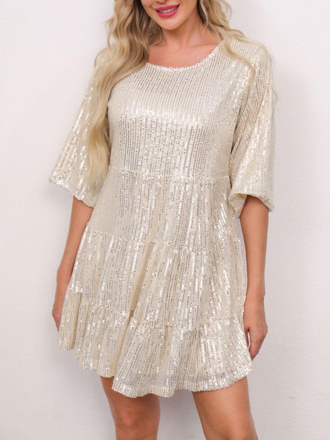 Sequin Round Neck Half Sleeve Mini Dress | Shimmer