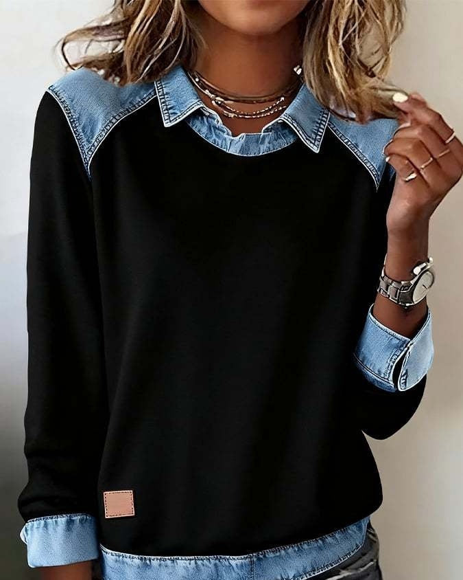 Denim Collar Patchwork Knit Pullover – Women’s Street Style Top