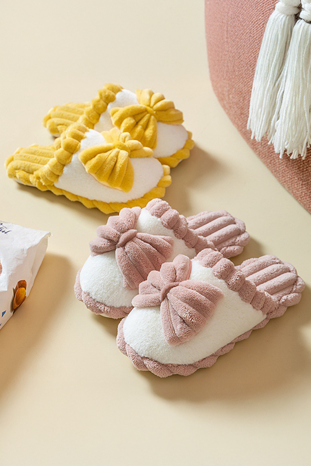 Fushia Bow Plush Winter Slipper | Cozy Indoor Footwear