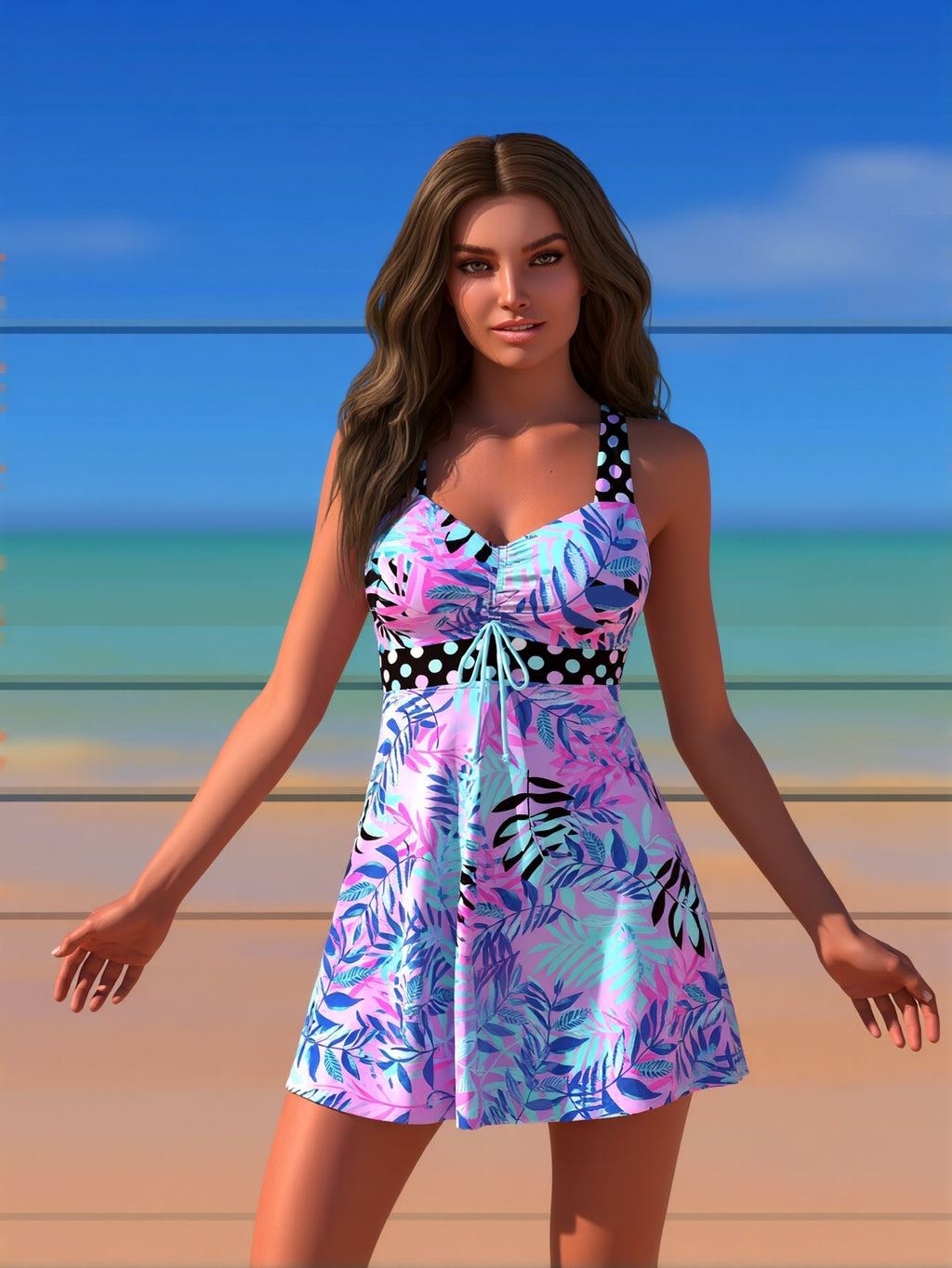 High-Neck Tankini Swimsuit Adjustable Straps Beach Swimwear