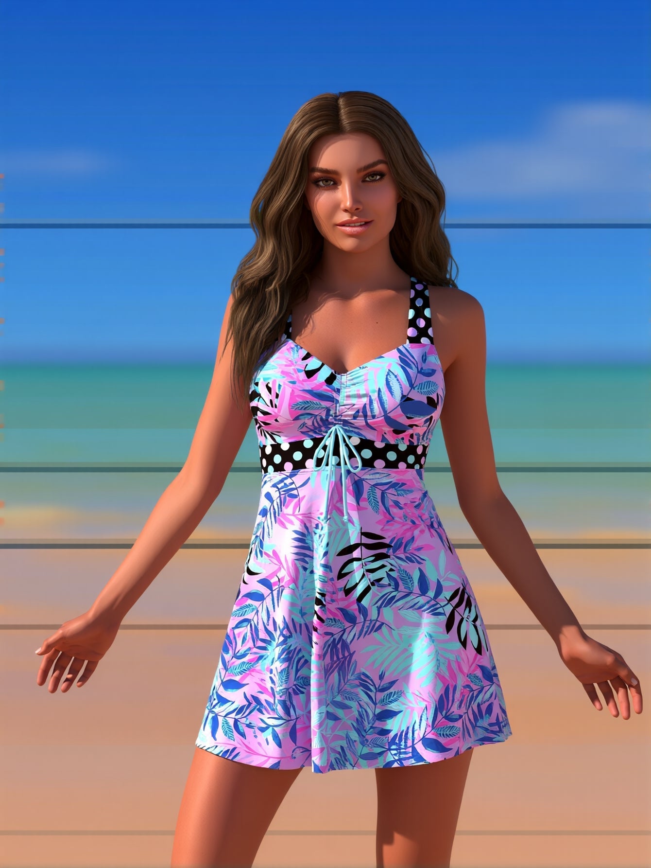 High-Neck Tankini Swimsuit Adjustable Straps Beach Swimwear