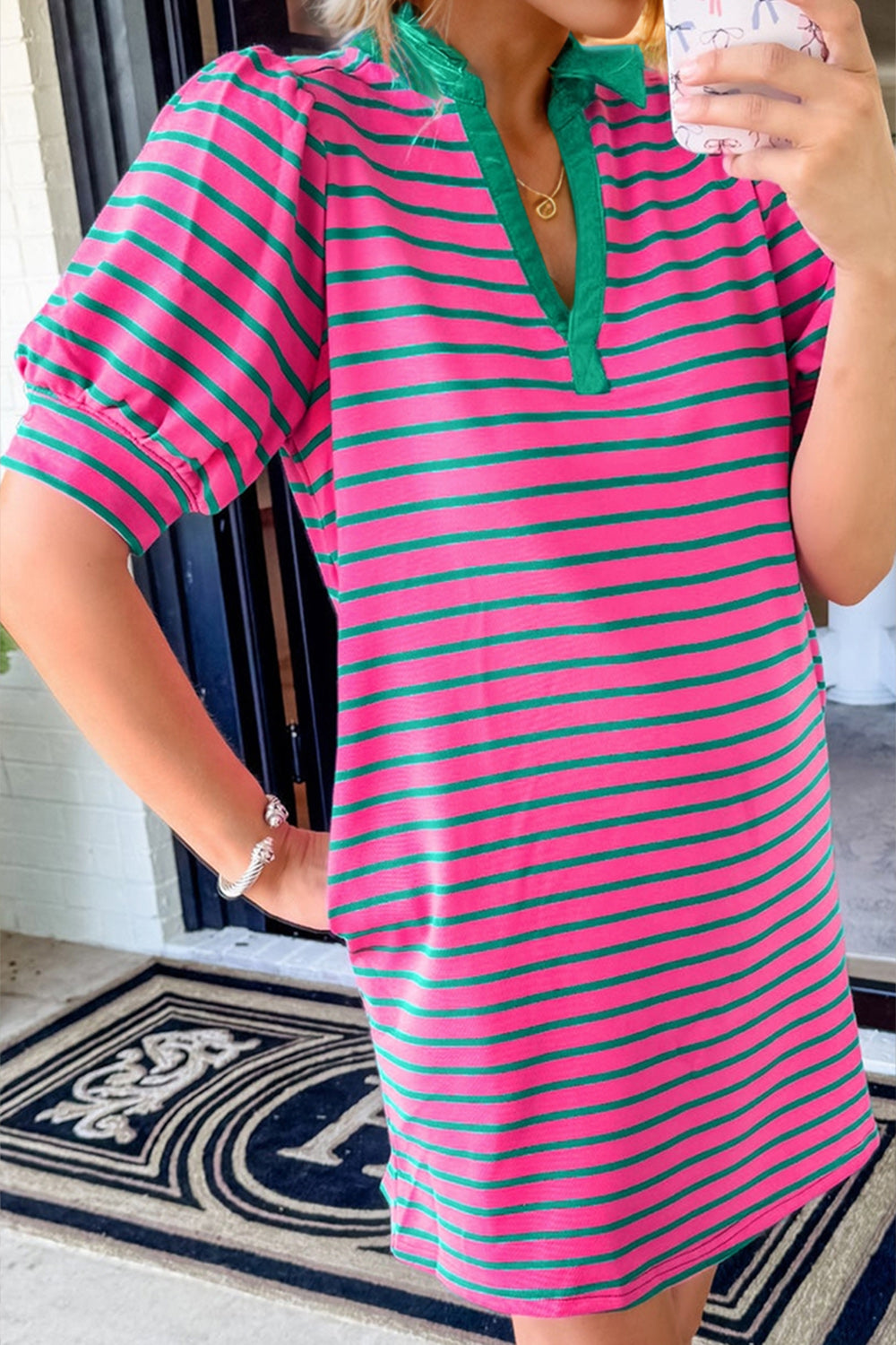 Pink Striped Collar Puff Sleeve Mini Tee Dress