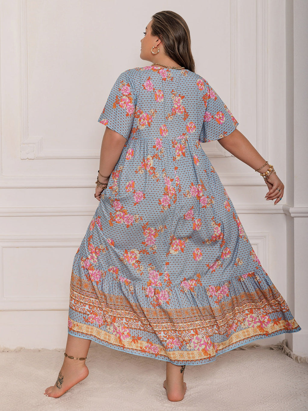 Floral Printed Flutter Sleeve Maxi Dress with Ruched Tie