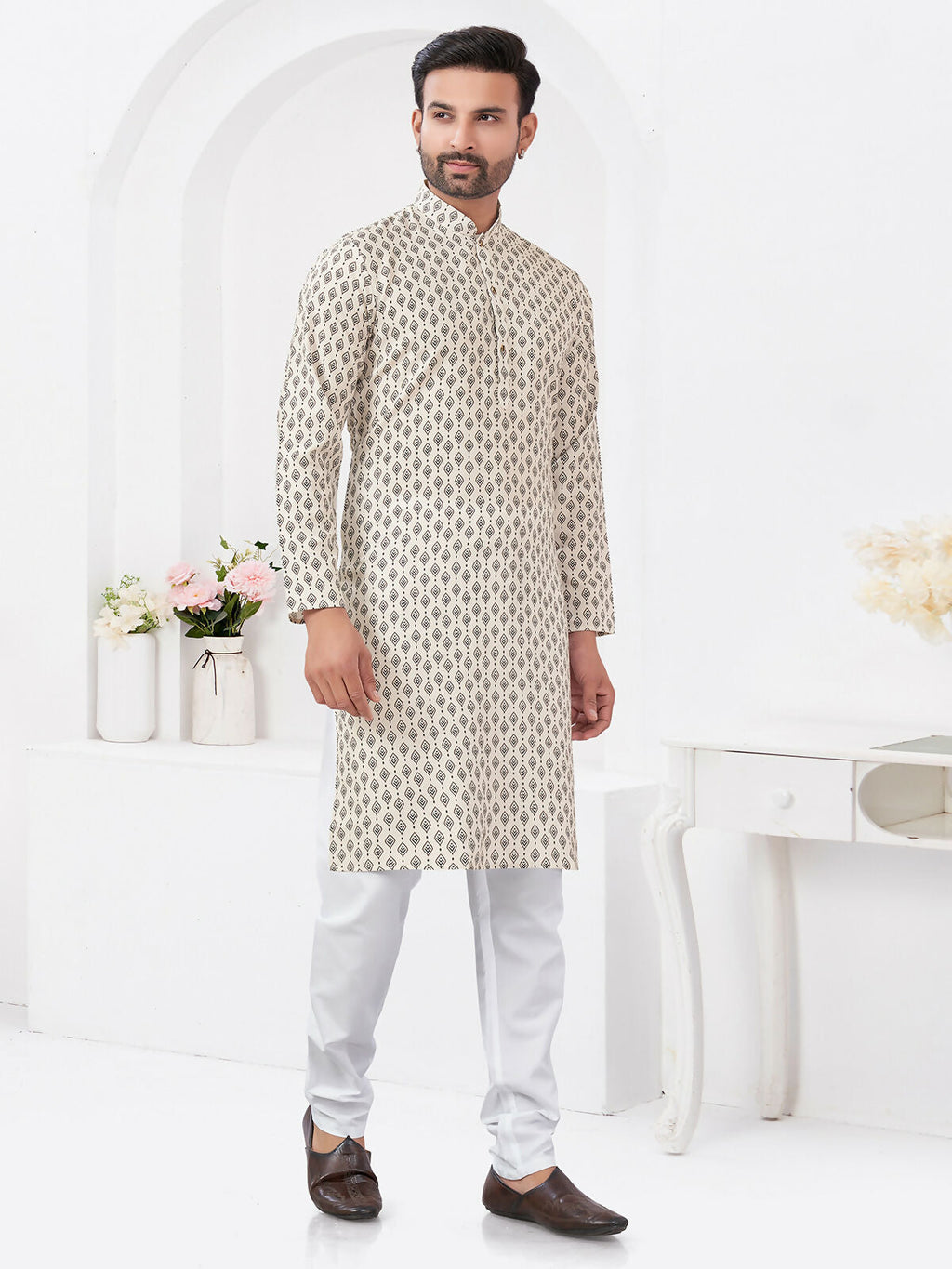 Boys Cream Rayon Cotton Printed Kurta Pyjama Ethnic Set