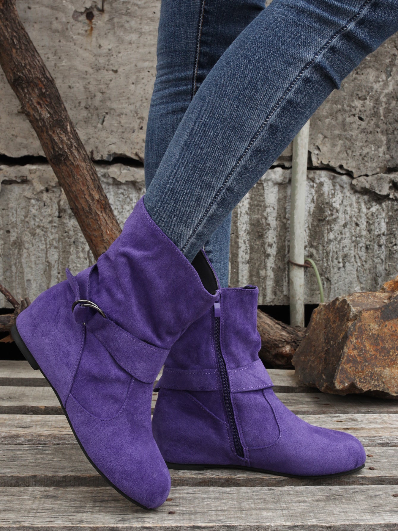 Women's Ankle Boots with Buckle Belt & Side Zip