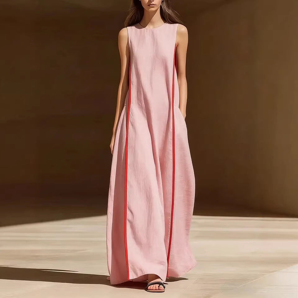 Women's Sleeveless Linen Blend Maxi Dress with Side Stripe Detail - Image 4