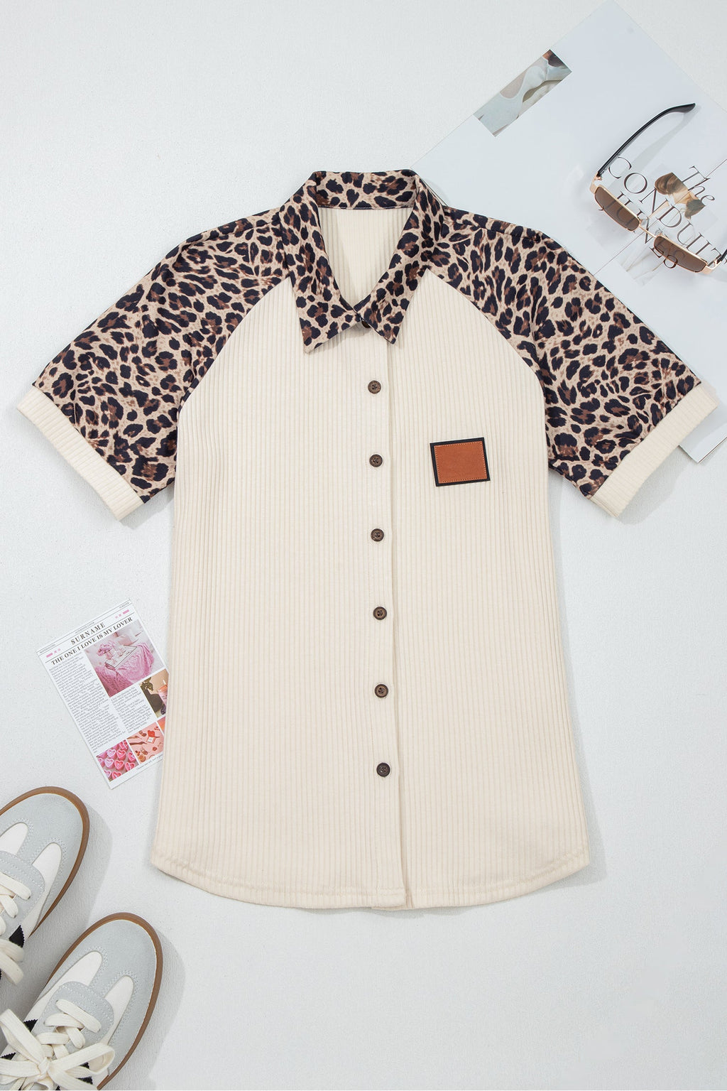 White Ribbed Texture Button Down Shirt with Leopard Patchwork