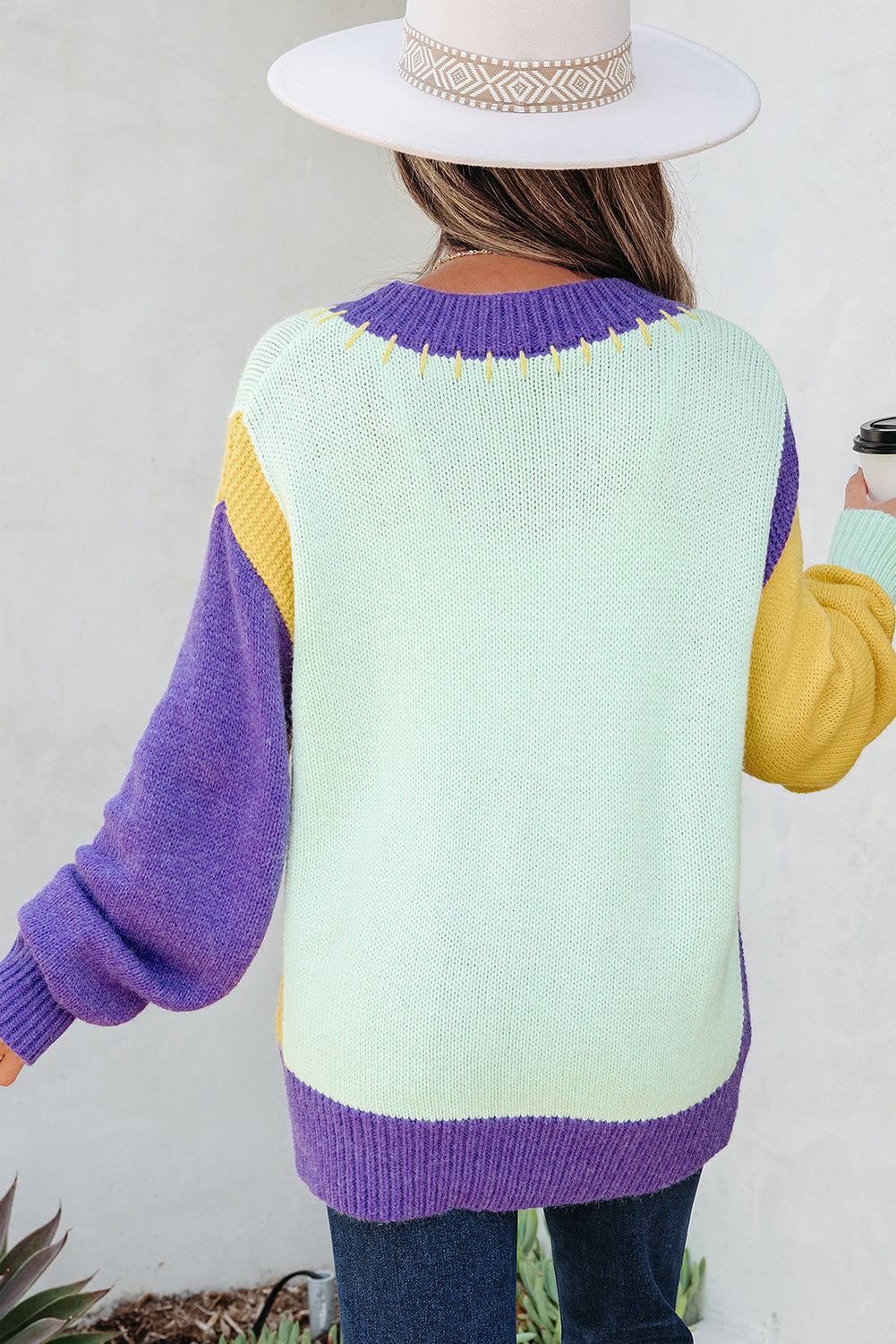 Colorblock Stitched V-Neck Drop Shoulder Sweater