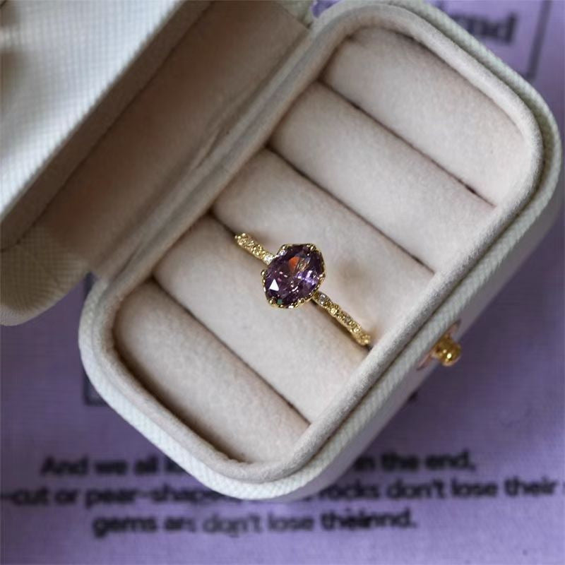 French Vintage Olive Purple Zircon Open Ring, Elegant Light Luxury Niche High-End Jewelry For Women